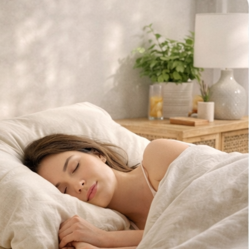 Cozy bedroom with natural bedding showing restful sleep and relaxation