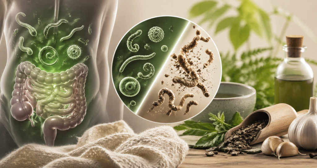 Parasite die-off symptoms illustration showing gut health explaing parasite cleanse and herx reaction.