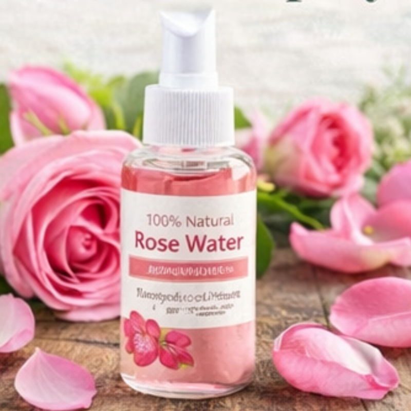 Rose water facial spray with rose petals used for natural skin hydration