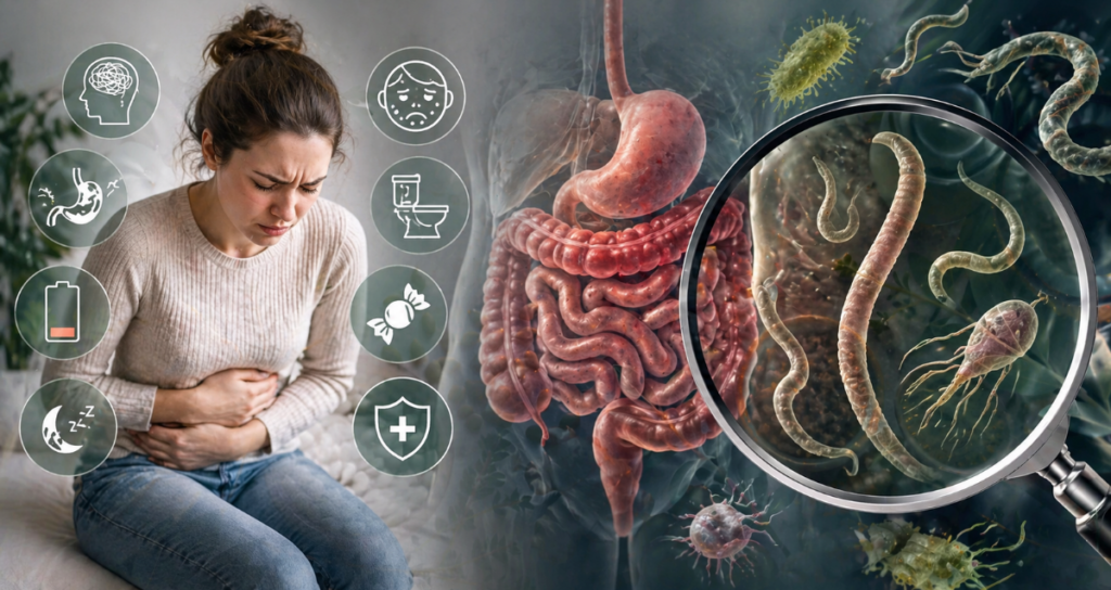 Signs you have parasites including digestive issues fatigue and gut symptoms.