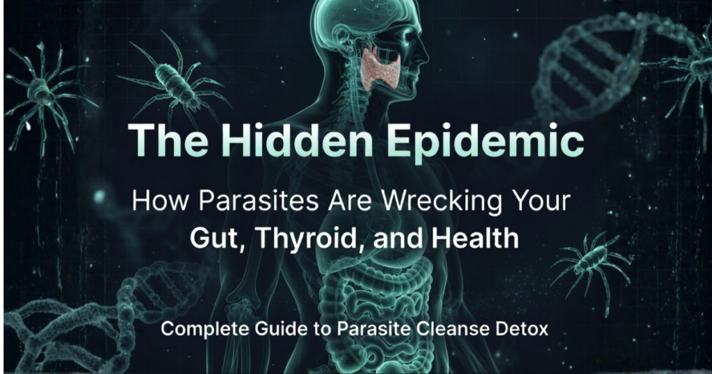 Parasite Cleanse: Human gut and thyroid anatomy illustration for detox guide.