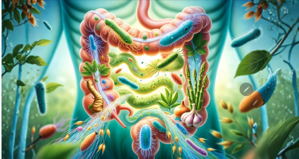 Prebiotics for gut health microbiome – vibrant illustration of healthy gut microbiome nourished by prebiotic foods