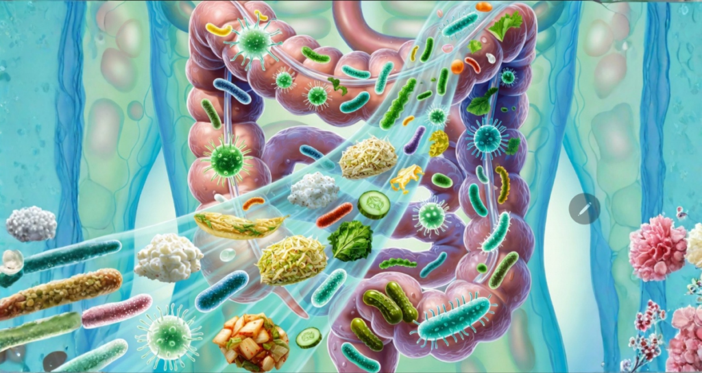 Probiotics for gut health microbiome – vibrant cross-section of intestine with beneficial probiotic bacteria and fermented foods