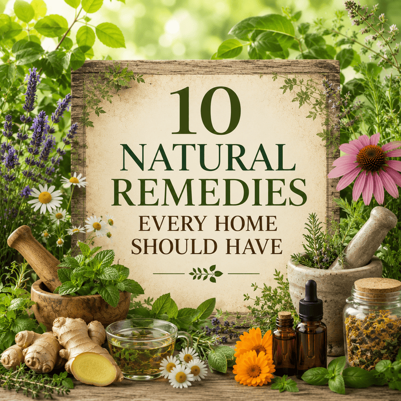 Image representing 10 natural remedies every home should have with herbs, tinctures, and essential oils.