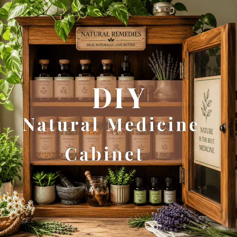 Natural Medicine Cabinet with herbs, tinctures, essential oils for natural home healing