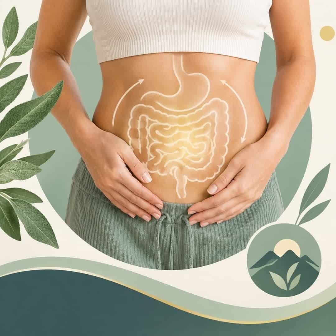 Gut health illustration showing a woman gently holding her abdomen with a digestive system graphic.