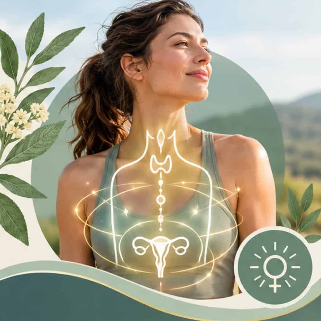 Hormone imbalance symptoms illustration showing a woman with glowing endocrine and hormone-related body graphics.