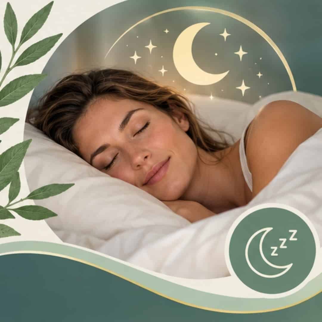 Sleep problems illustration showing a peacefully sleeping woman beneath a crescent moon and stars.
