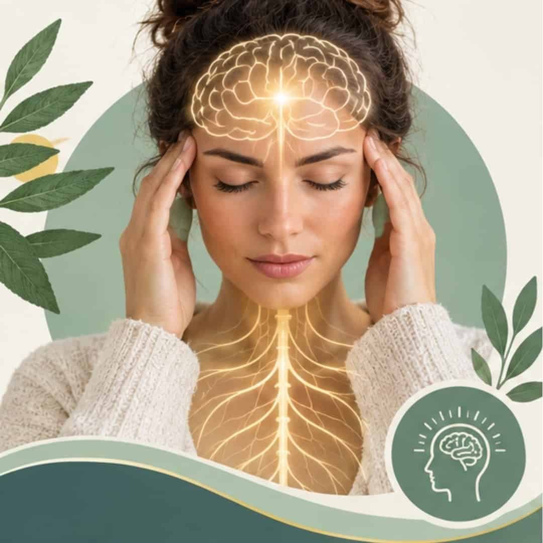 Stress symptoms illustration showing a woman with a glowing brain and nervous system graphic.